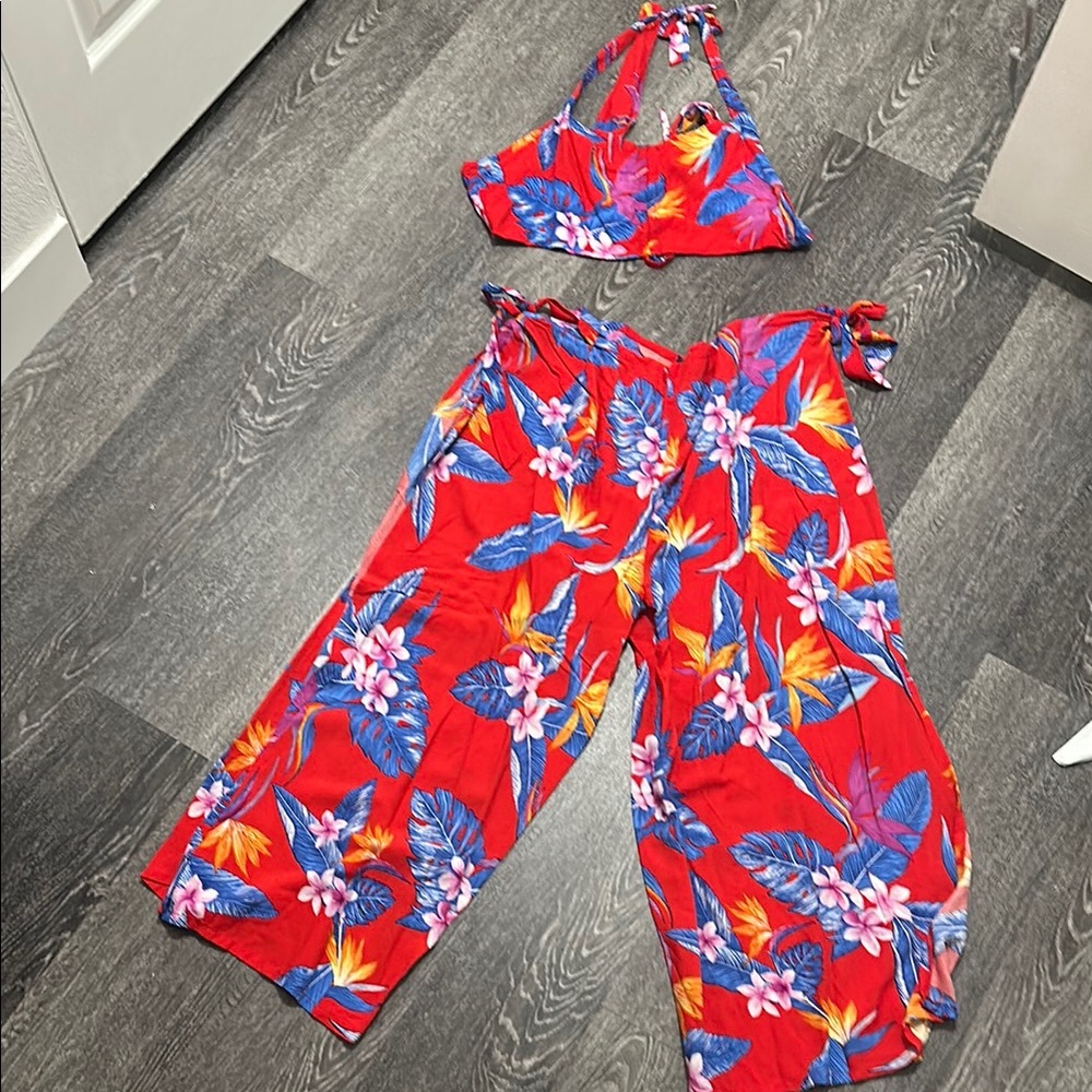 Hawaiian Print Red Floral Two-Piece Set